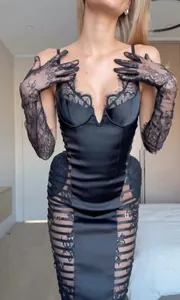 Elegant black lace patchwork corset midi dress with cut-out straps and matching lace gloves