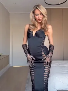 Sexy Lace Splicing Cami Dress Women Side Cutout Lacing Bodycon Midi Dress With Gloves Clubwear Top And Bottom
