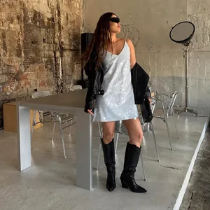 Elegant silver sequin V-neck mini camisole dress for women sexy party and club wear