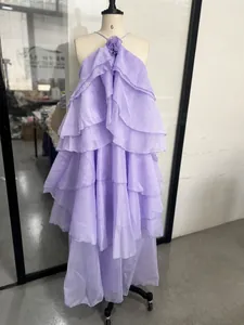 Elegant purple halter neck dress with 3D flower and layered ruffles for summer beach vacation