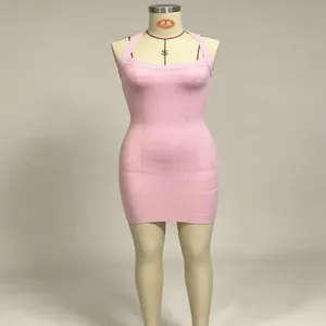 Front view of pink halter neck ribbed bodycon mini dress displayed on mannequin