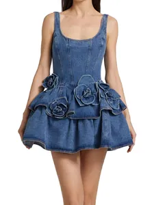 Women Sweet Denim Mini Dress 3D Floral Decoration Double Layer Ruffled Hem Slim Fit Corset Bodycon Camisole Dress Beach Wear
