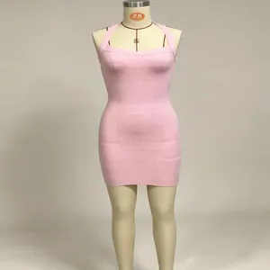 Elegant pink ribbed bodycon bandage halter dress with square neck for slim fit style
