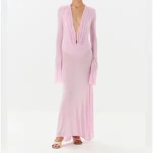 Elegant light pink long sleeve deep V-neck maxi dress with pleated details