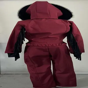 Back view of a maroon ski jumpsuit featuring a fur hood and black sleeve tassels.