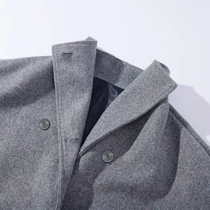 Close-up detail of the grey wool coat stand collar and buttons showing fabric texture