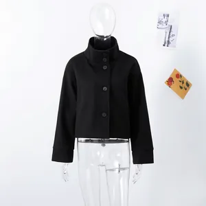 Elegant black single-breasted wool coat with a chic stand-up collar for women's winter style