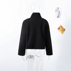 Back view of a black wool cropped jacket with stand collar on transparent mannequin