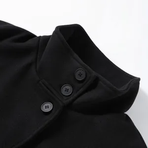 Close-up of elegant stand collar and buttons on black wool coat for women