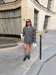 Blazer Oversize para Mujer Dobladillo Irregular Chaqueta de Traje Casual Color Sólido Solapa Manga Larga Top para Oficina Trabajo Conmutar Ropa