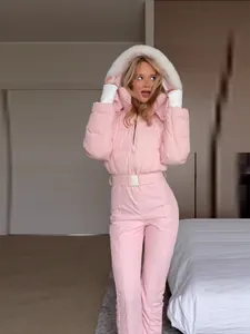 Women Fashion Hooded One-Piece Ski Jumpsuit With Faux Fur Collar Belted Windproof Warm Winter Outdoor Sport Snowsuit Top And Bottom