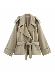 Kurzer khakifarbener Trenchcoat mit verstellbarem Hüftgurt und zweireihigen Knöpfen für Damen
