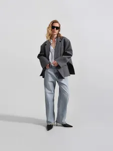 Chaqueta blazer oversize gris oscuro para mujer con dobladillo irregular para otoño