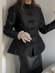 Veste élégante en satin de style nouveau chinois avec col montant et boutons grenouille