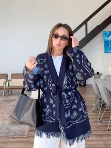Women Boho Paisley Jacquard Tassel Cardigan Shawl Outerwear With Waist Tie Loose Fit Soft Knit Wrap For Vacation Travel