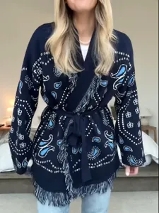 Stylish bohemian navy blue paisley knit cardigan with fringe trim and waist tie