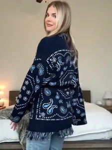 Stylish navy blue paisley knit cardigan with fringe hem, loose fit for women's autumn fashion