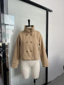Elegant camel double-breasted stand-collar short wool-like jacket for women's fashion