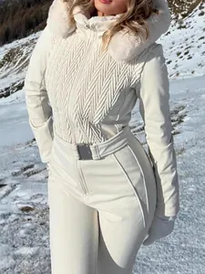 Chic white winter hooded ski jumpsuit with faux fur collar and belt for women