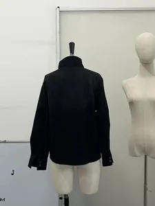 Back view of black retro workwear stand collar jacket for women street style fashion