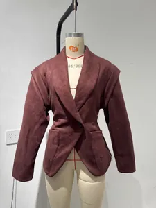 Elegant burgundy large lapel waist-slimming blazer jacket showing suede texture and fit