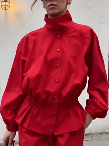 Women Retro Stand Collar Short Jacket Lantern Sleeve Waist Cinch Outerwear Autumn Fashion Jacket Pants Set Commuter Style