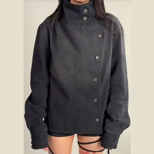 Vintage black high neck stand collar workwear jacket for women street style fashion