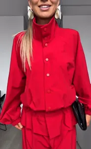 Front view of a retro red standing collar jacket with stylish lantern sleeves for women