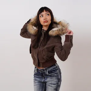 American retro brown corduroy short jacket featuring luxury removable faux fur hood detail