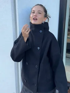 Women Double-Breasted Woolen Coat Stand Collar Short Jacket Commuter Style Polyester Wool Blend Outerwear For Autumn Winter