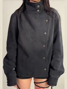 Women Vintage Workwear Stand Collar Jacket Asymmetric Single Breasted Long Sleeve Casual Streetwear Solid Color Outwear