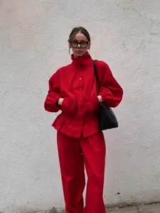 Stylish vintage red stand collar jacket with cinched waist and puff sleeves fashion set