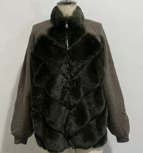 Detailed view of the faux fur patchwork and knit sleeve texture on a winter coat