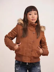 Vintage brown short winter jacket for women with detachable faux fur collar hood