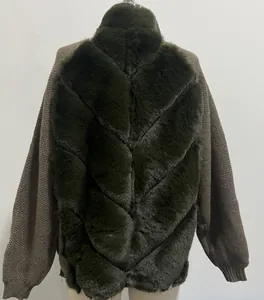 Back detail of long-sleeved faux fur patchwork knitted cardigan in olive green