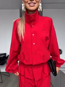 Vintage red high neck jacket with lantern sleeves and gathered waist for women