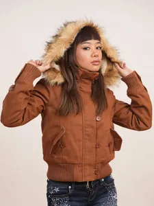 Retro brown short jacket with removable faux fur hood and ribbed trim