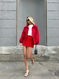 Chic vintage red standing collar jacket with lantern sleeves for autumn office fashion style