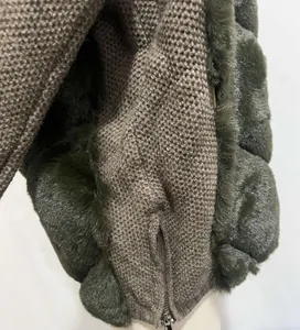 Detailed close-up showing the knit texture and faux fur patchwork on a winter coat