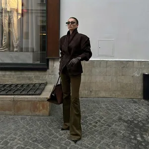 Elegant dark brown cinched jacket with large lapel in British street style
