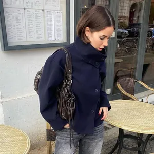 Navy blue stand collar wool coat with buttons, elegant European street style view
