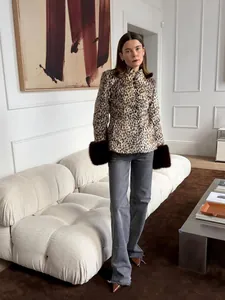 Women's leopard print faux fur jacket featuring a stand collar and waist-slimming silhouette