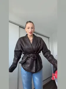 Vintage Lapel Belted PU Leather Jacket Women Loose Drop Shoulder Faux Leather Coat Solid Color Commute Office Outwear Top