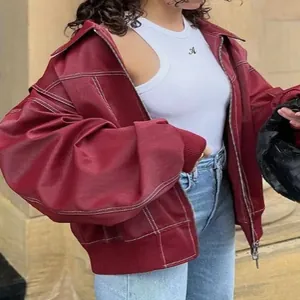 Giacca Cappotto da Donna in Poliestere Stile Americano Vintage Risvolto Oversize Manica Lunga Cerniera Capispalla Cuciture a Contrasto Streetwear Top