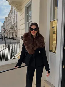 Dames Luxe Kunstbont Kraag Wollen Look Mantel Elegant Zwart Effen Kleur Lange Mouw Bovenkleding Met Taille Riem Voor Winter