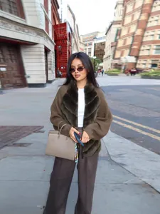 Women's Elegant Faux Fur Stitching Coat Warm Long Sleeve Jacket With Fur Collar Vintage Style Top Outerwear For Winter
