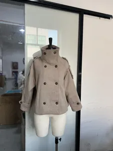 Elegant short wool pea coat with a stylish stand collar and double-breasted buttons