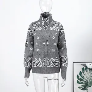 Vintage gray paisley knit cardigan featuring a front zipper and relaxed fit for spring wear