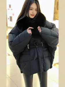Thick black padded coat with detachable fur collar and tie-waist belt
