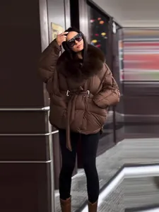 Stylish brown thick padded jacket with detachable fur collar and waist belt for women